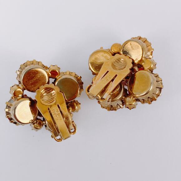 Signed Karu Arke Mid Century 50s Pink Rhinestone Enamel Flower Clip On Earrings - Picture 8 of 12